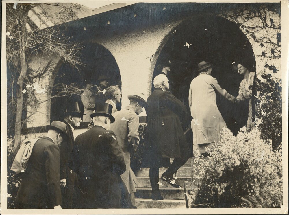 Display copy print on card, with annotation &ndash; &lsquo; Garden party at the first Bishopscourt &hellip; General Synod in 1937. The guests are being received by Bishop and Mrs Cherrington&rsquo;.