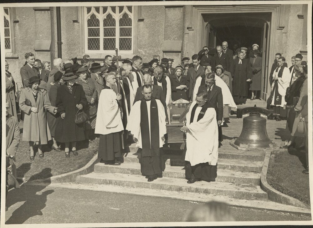 Display copy print on card, with annotation &ndash; &lsquo;Funeral of our first Bishop, 1950 &hellip; Bishop Cherrington &hellip; here the funeral party can be seen leaving St peter&rsquo;s Cathedral&rsquo;.