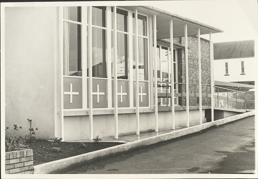 Interior &amp; exterior view of building, &lsquo;Church of England Diocese of Waikato&rsquo; as well as group photograph with Bishop of Waikato J.T. Holland, 1952