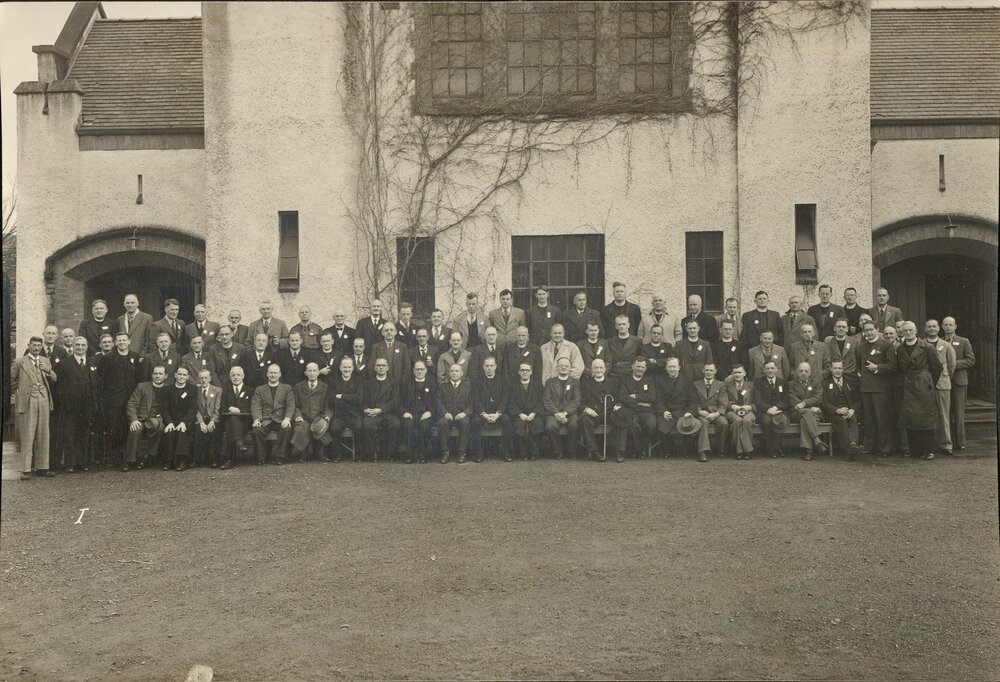 St Peter's Cathedral Hamilton, with a group ouside. Possibly the Church of England Men's Society, about 1932-1936