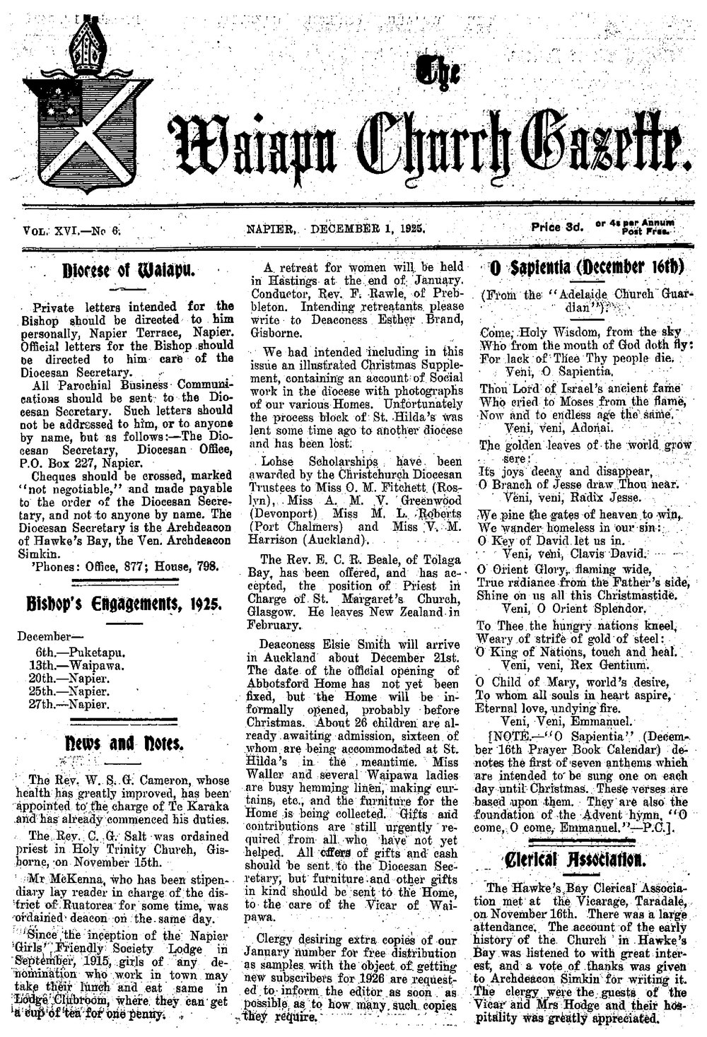 The Waiapu Church Gazette: 1st December 1925