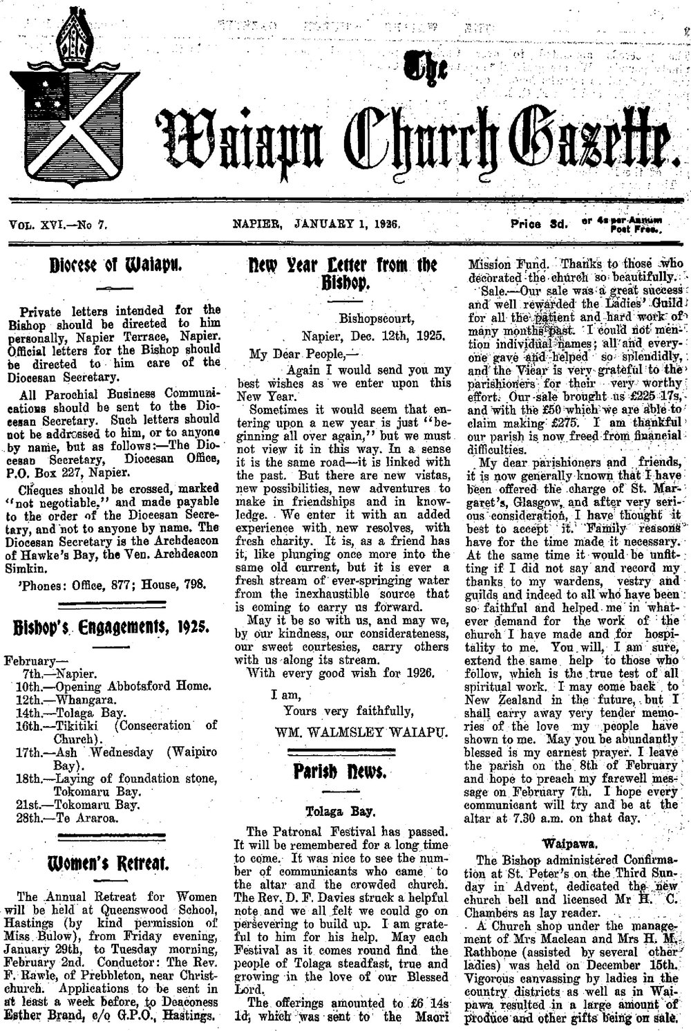 The Waiapu Church Gazette: 1st January 1926