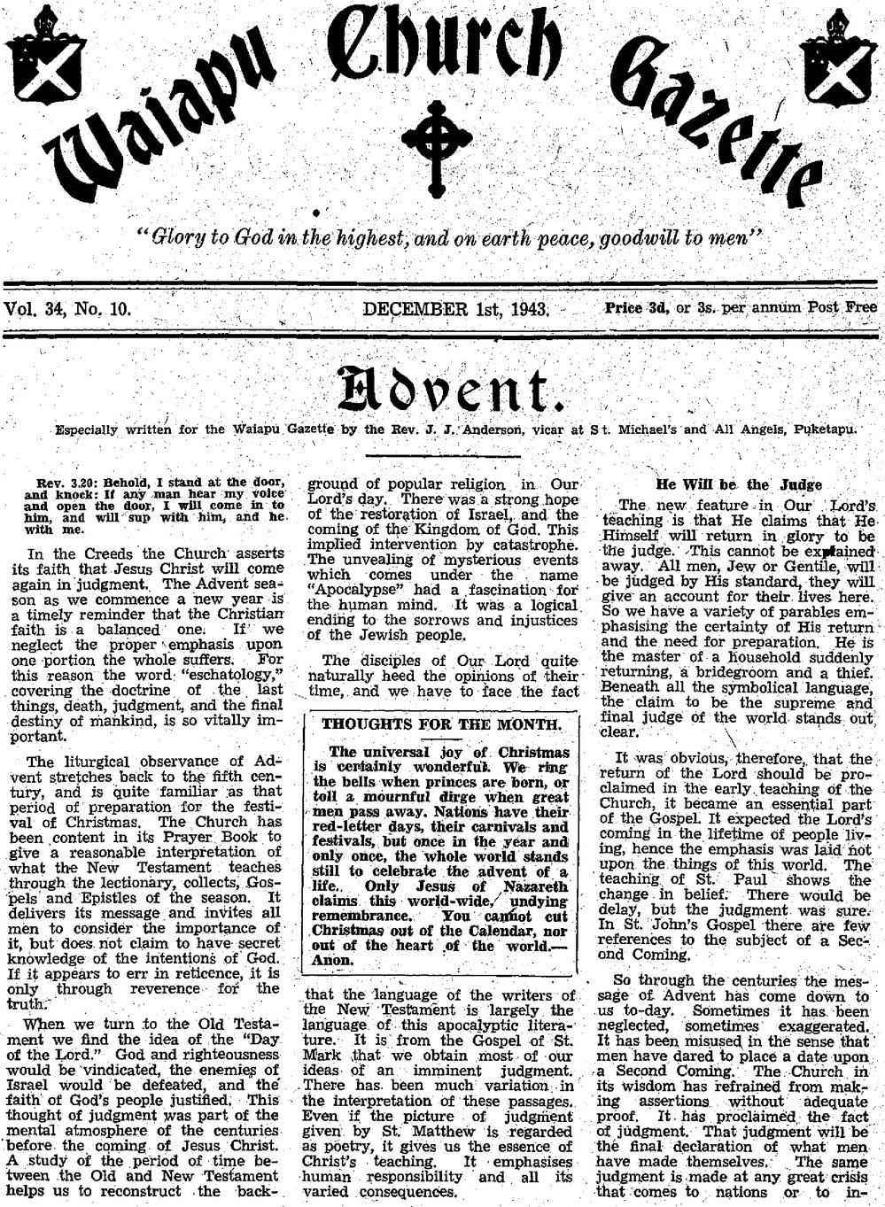 The Waiapu Church Gazette: 1st December 1943