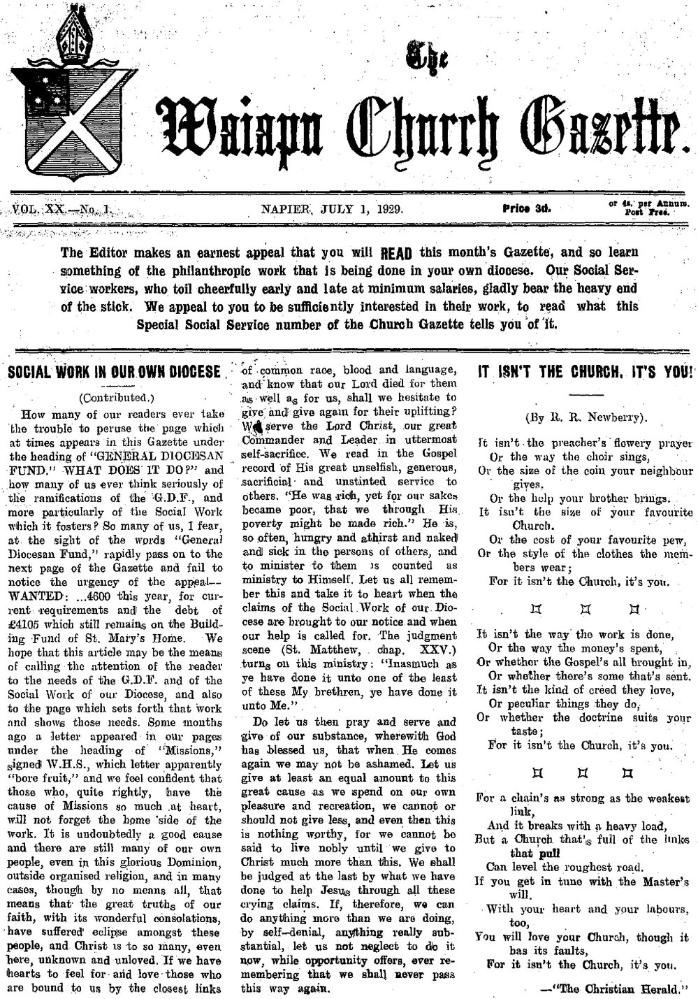The Waiapu Church Gazette: 1st July 1929