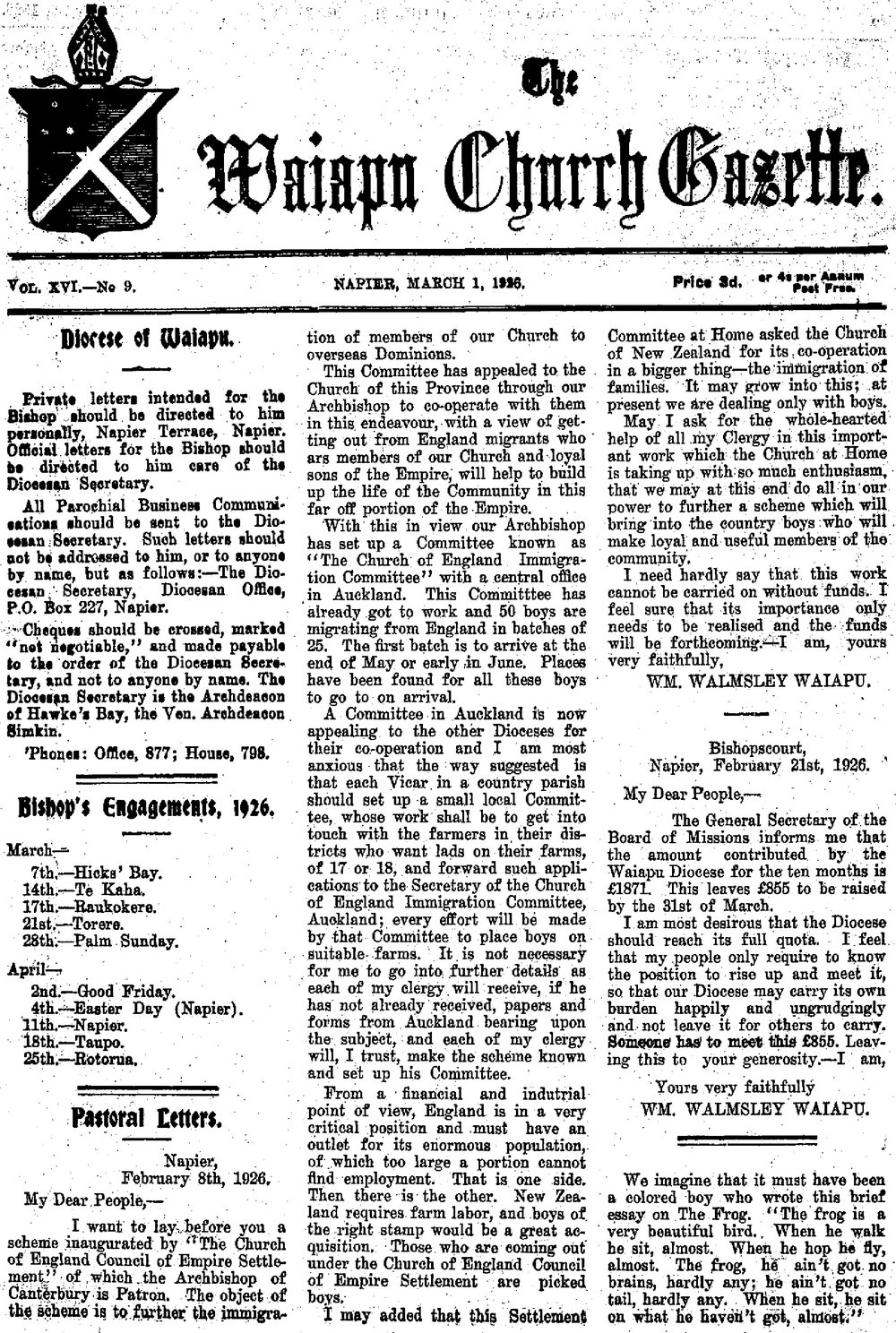 The Waiapu Church Gazette: 1st March 1926