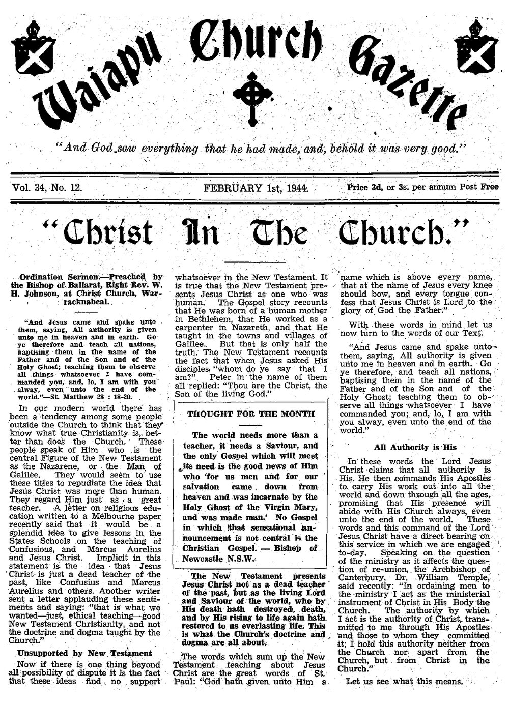 The Waiapu Church Gazette: 1st February 1944