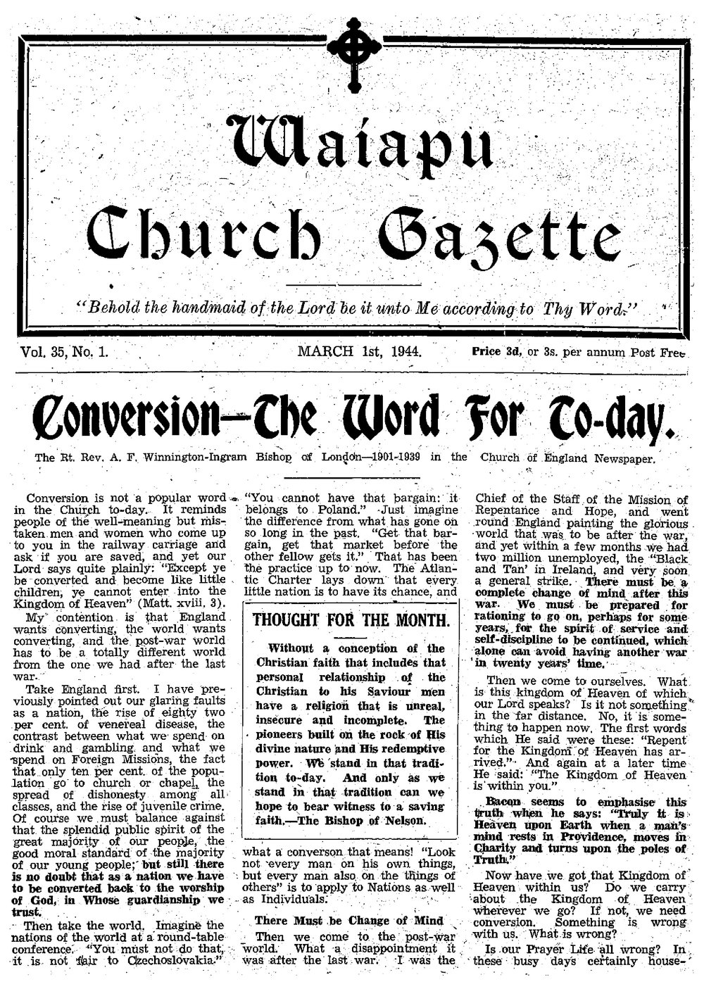 The Waiapu Church Gazette: 1st March 1944