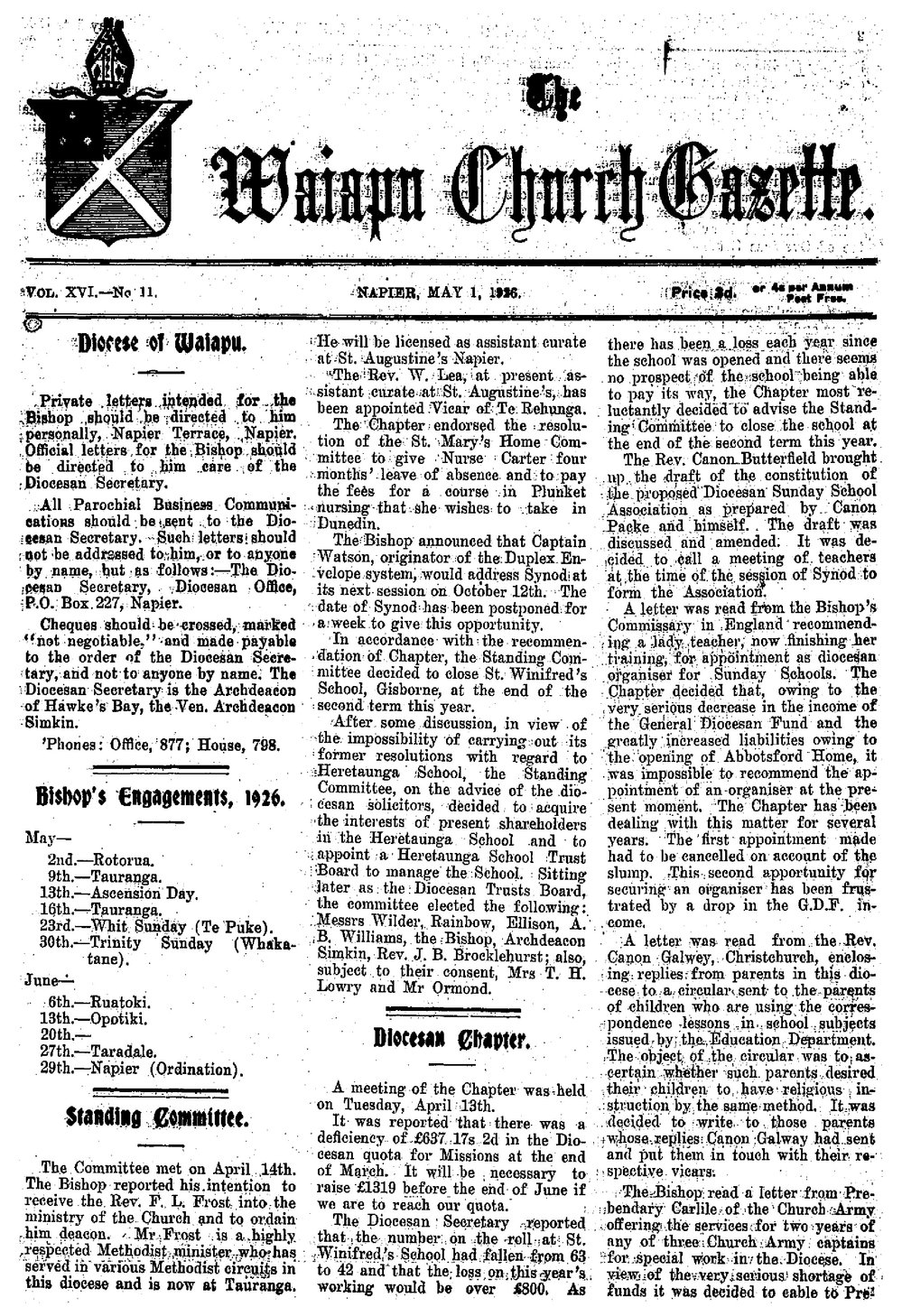 The Waiapu Church Gazette: 1st May 1926
