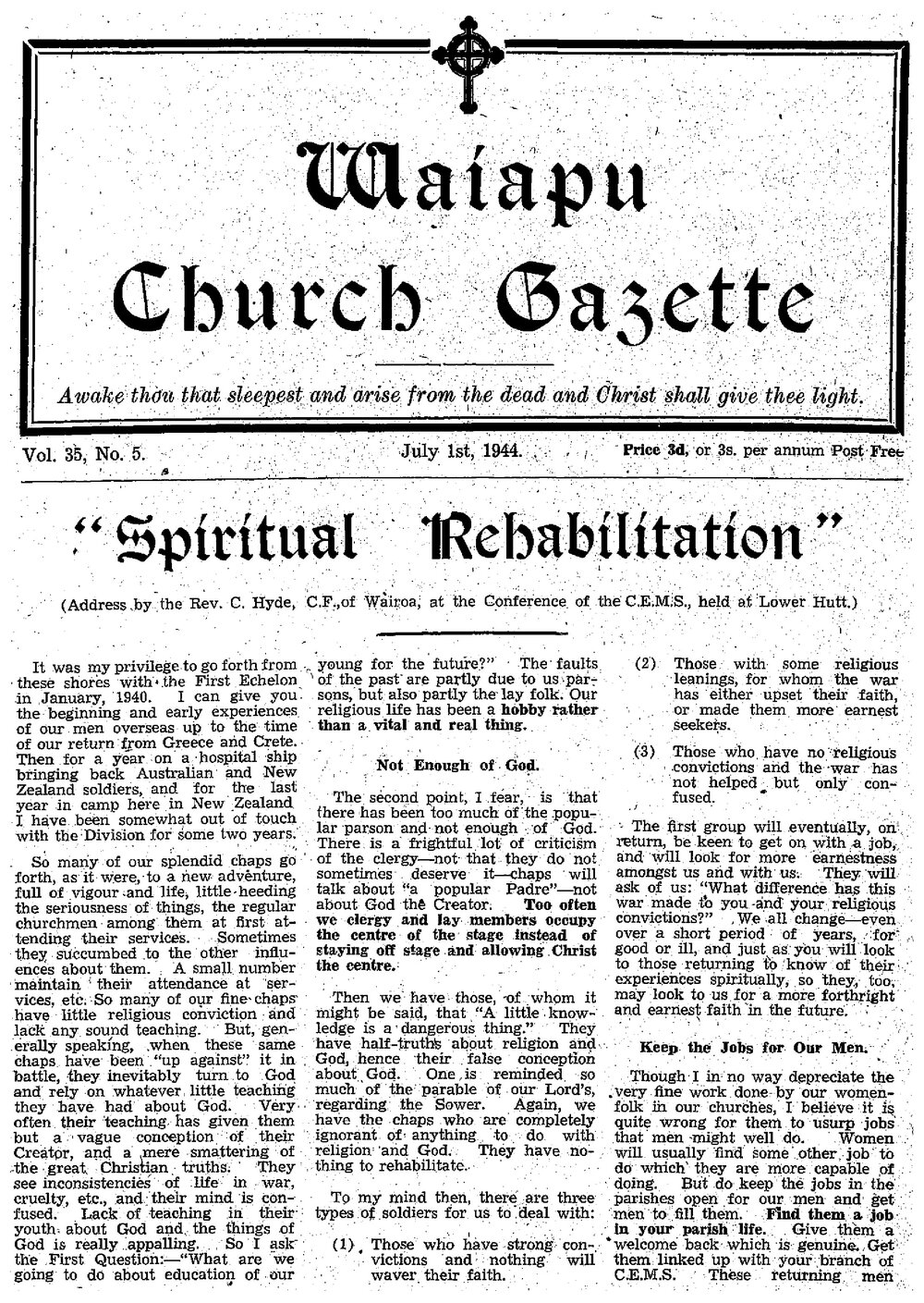 The Waiapu Church Gazette: 1st July 1944