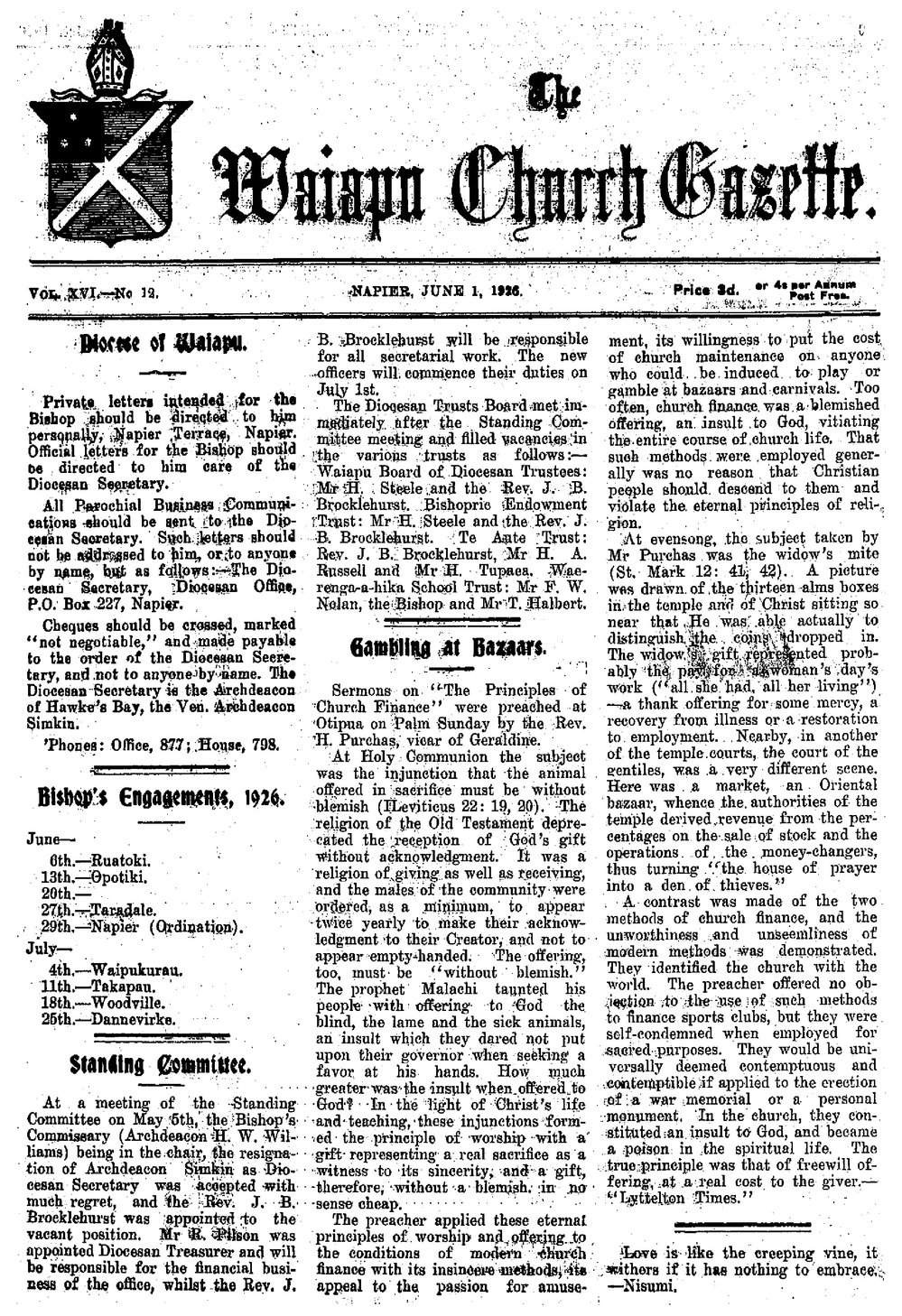 The Waiapu Church Gazette: 1st June 1926