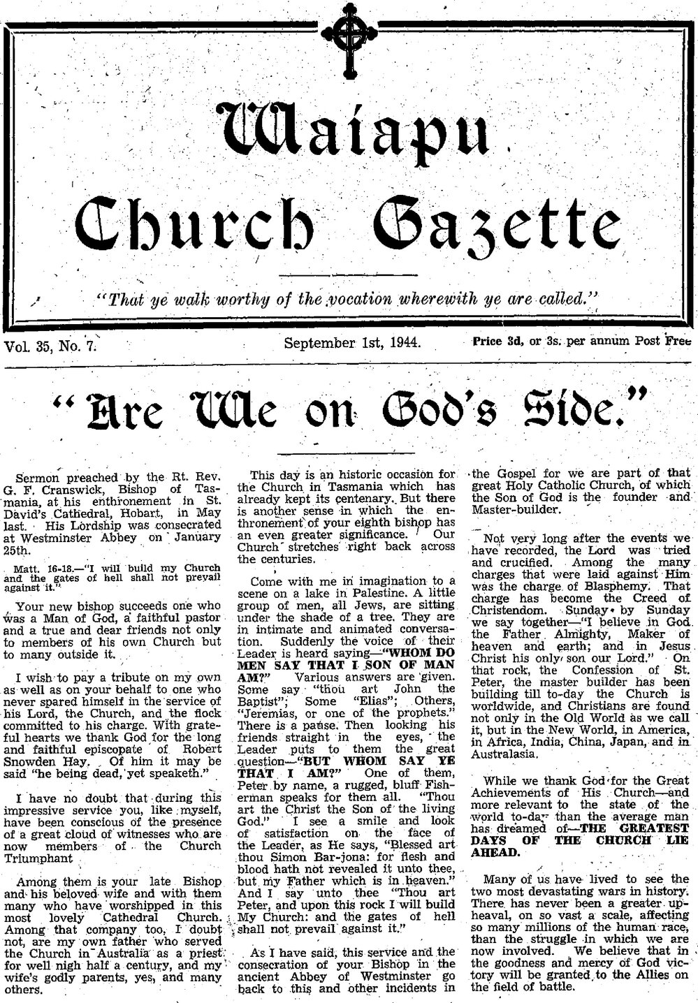 The Waiapu Church Gazette: 1st September 1944