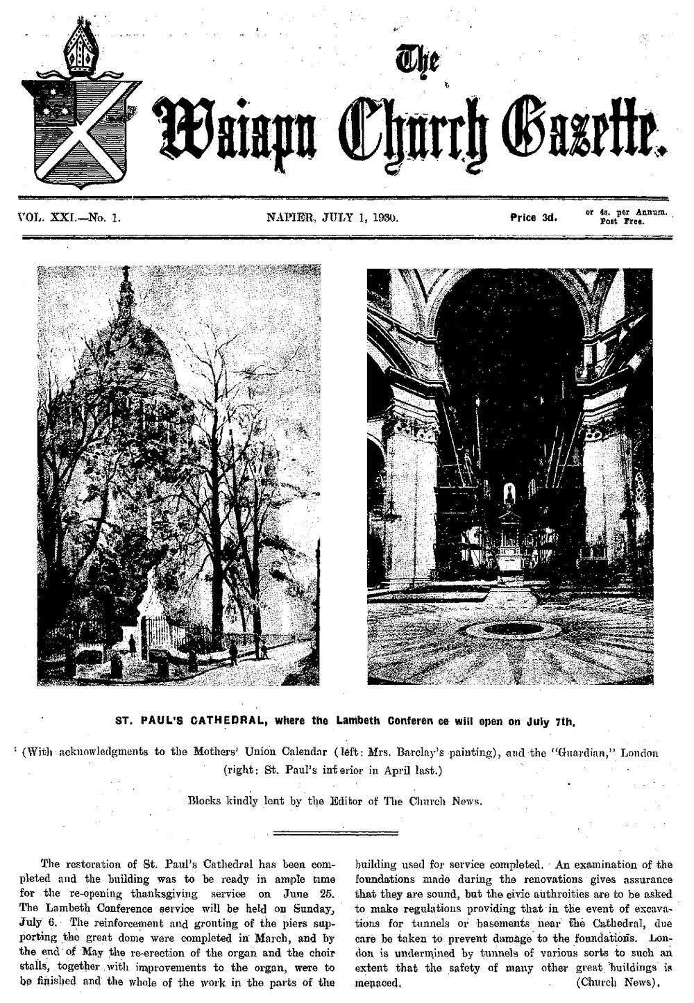 The Waiapu Church Gazette: 1st July 1930