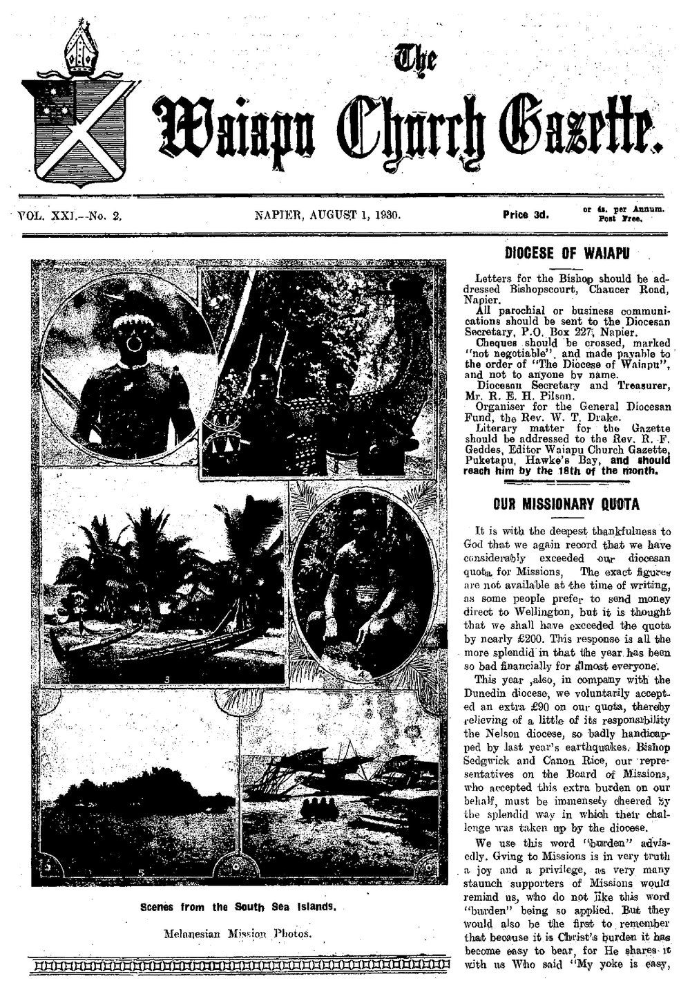 The Waiapu Church Gazette: 1st August 1930