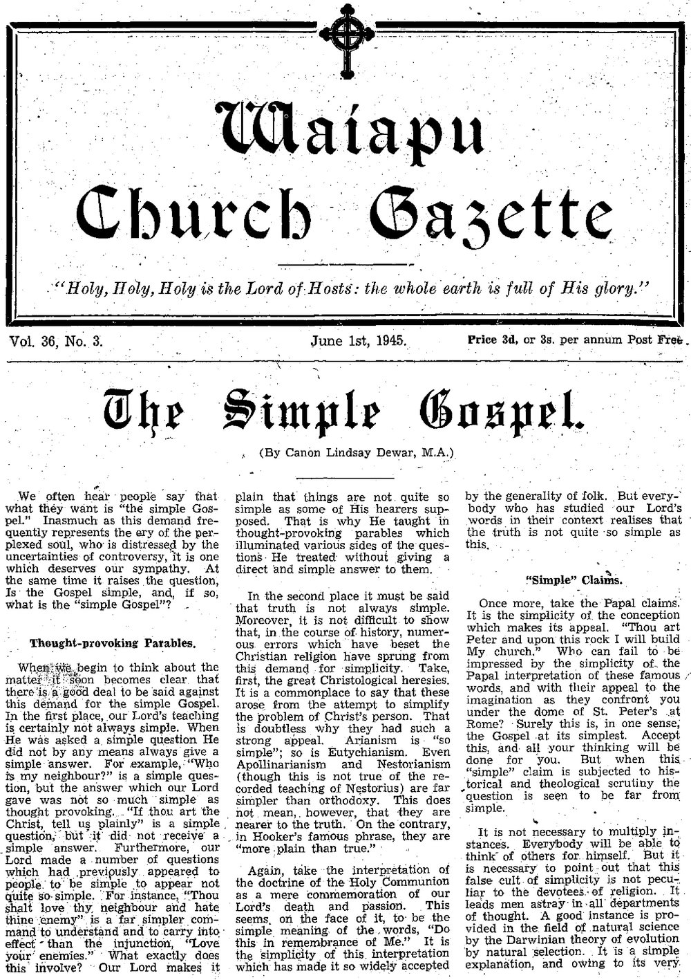 The Waiapu Church Gazette: 1st June 1945