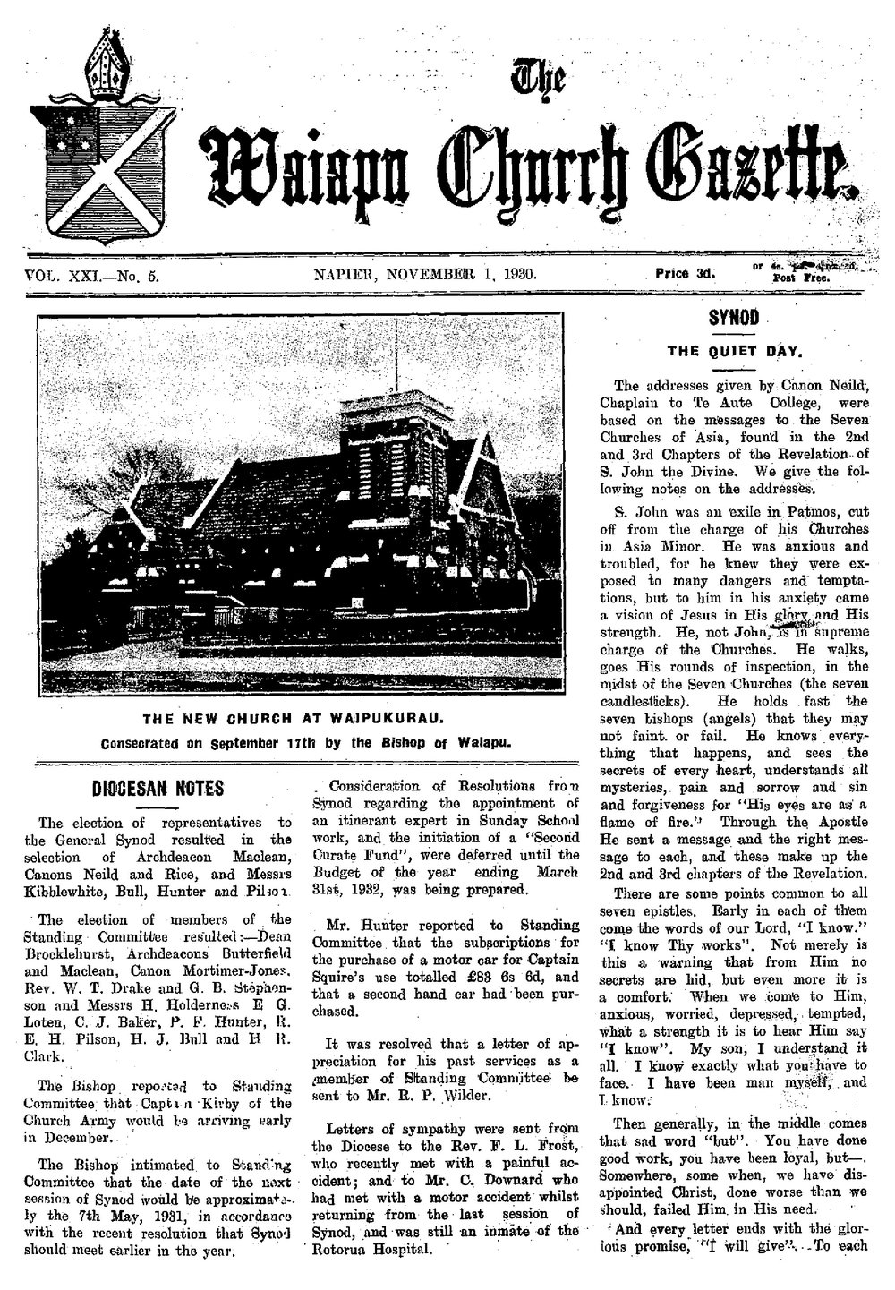 The Waiapu Church Gazette: 1st November 1930