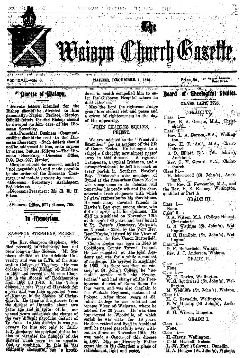 The Waiapu Church Gazette: 1st December 1926