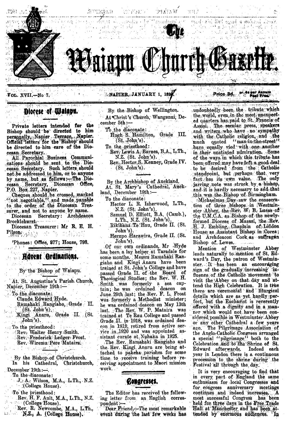 The Waiapu Church Gazette: 1st January 1927