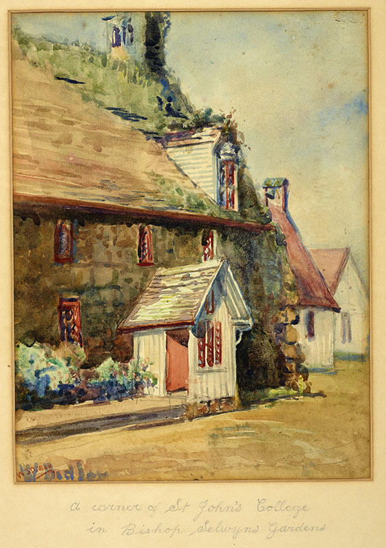 Watercolour of the east end of the old stone building, St John's College
