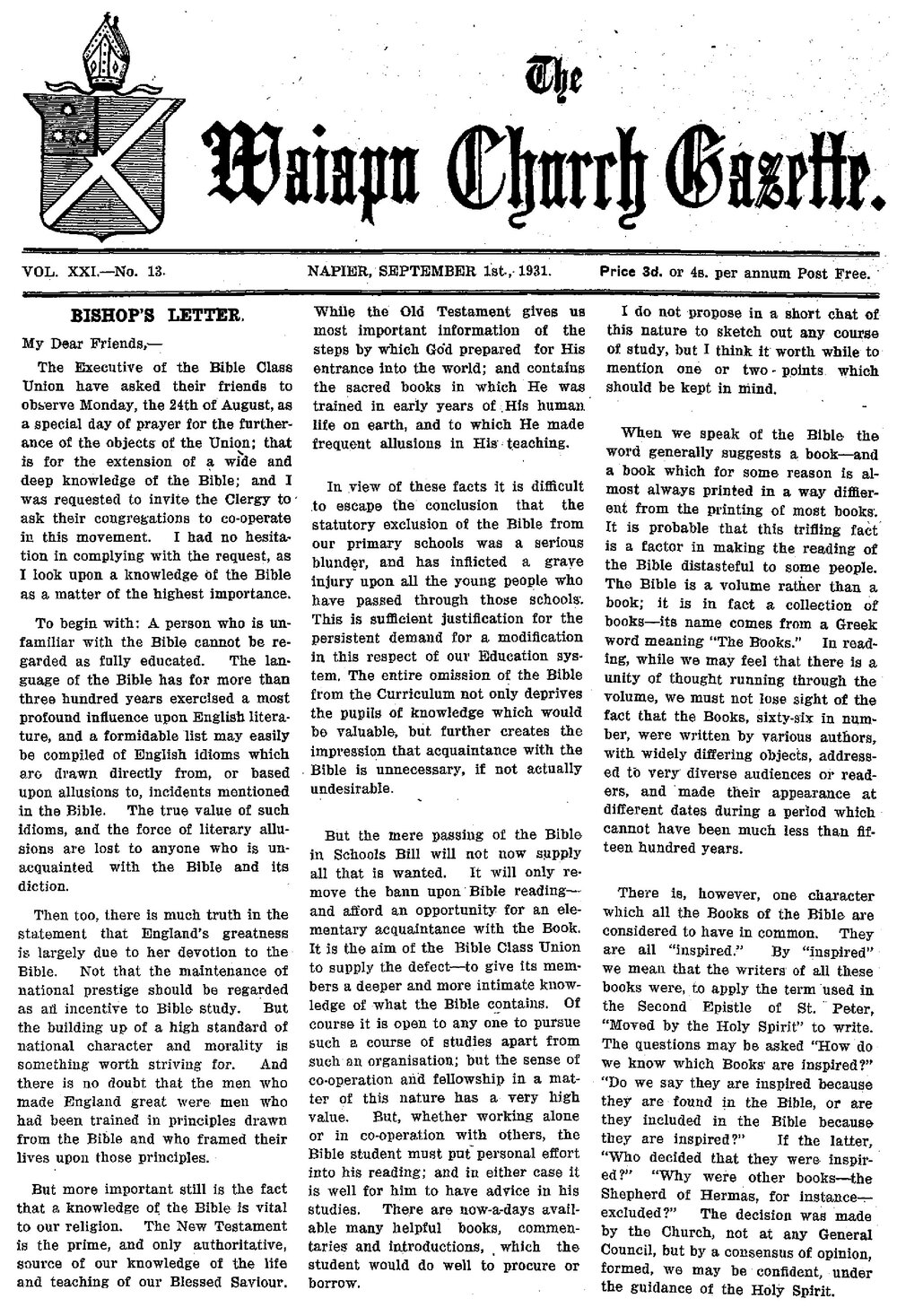 The Waiapu Church Gazette: 1st September 1931