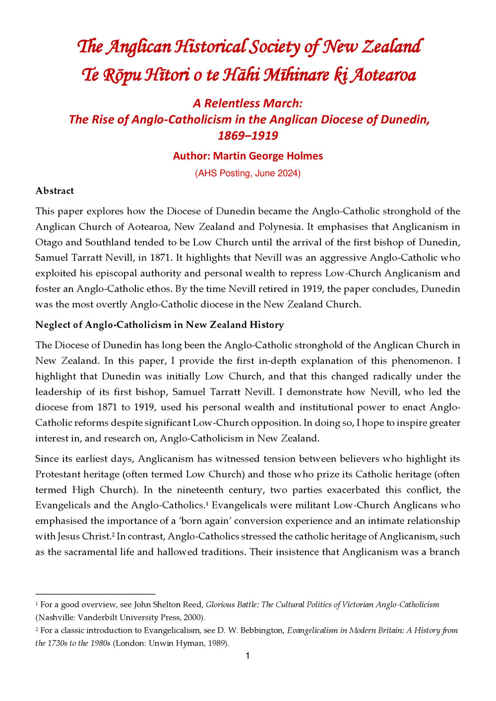 A Relentless March: The Rise of Anglo-Catholicism in the Anglican Diocese of Dunedin,1869&ndash;1919