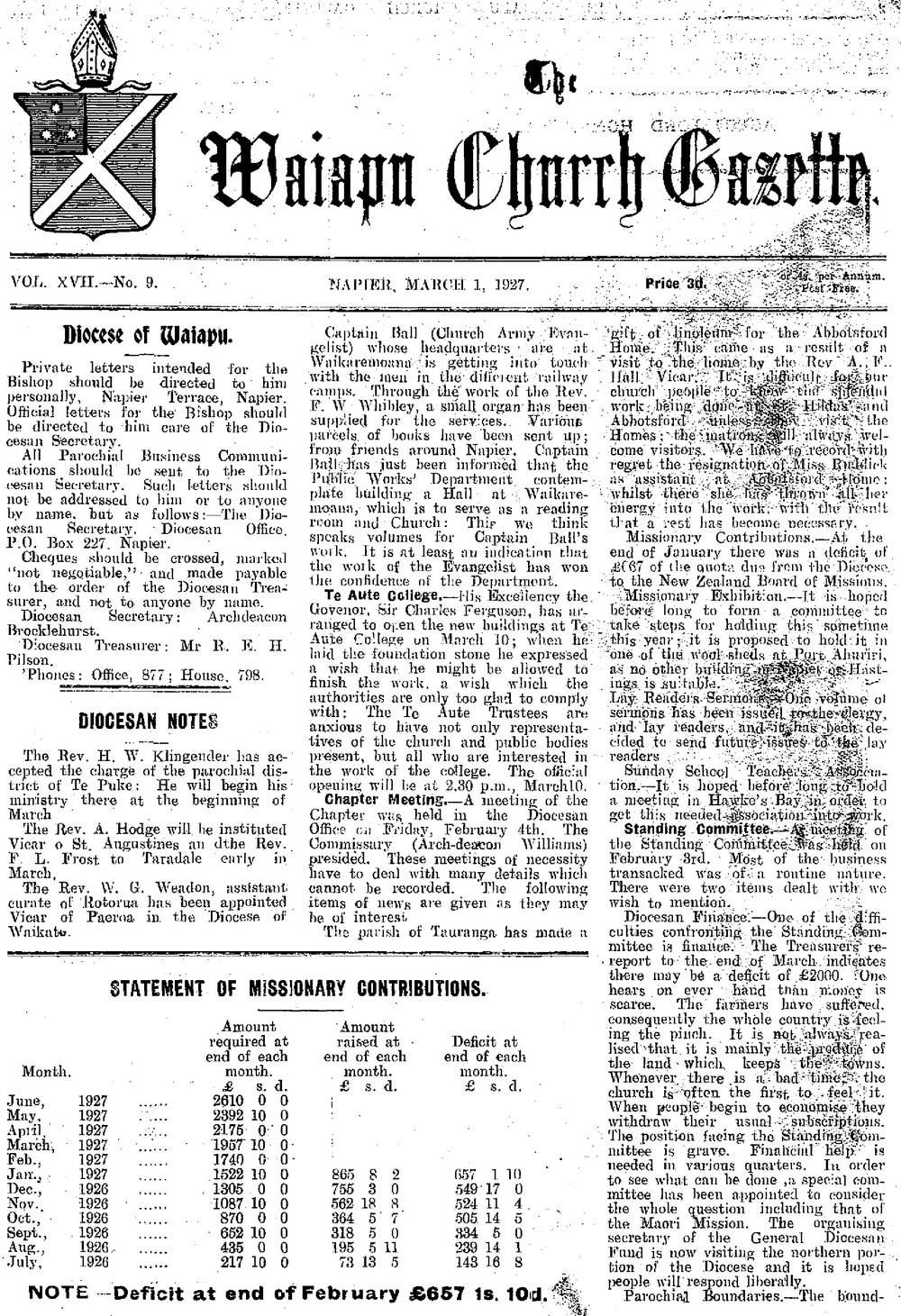 The Waiapu Church Gazette: 1st March 1927