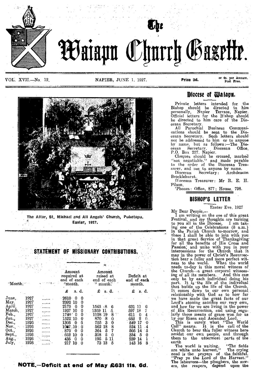 The Waiapu Church Gazette: 1st June 1927
