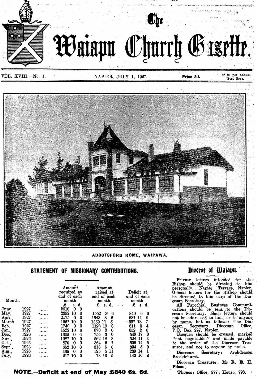 The Waiapu Church Gazette: 1st July 1927