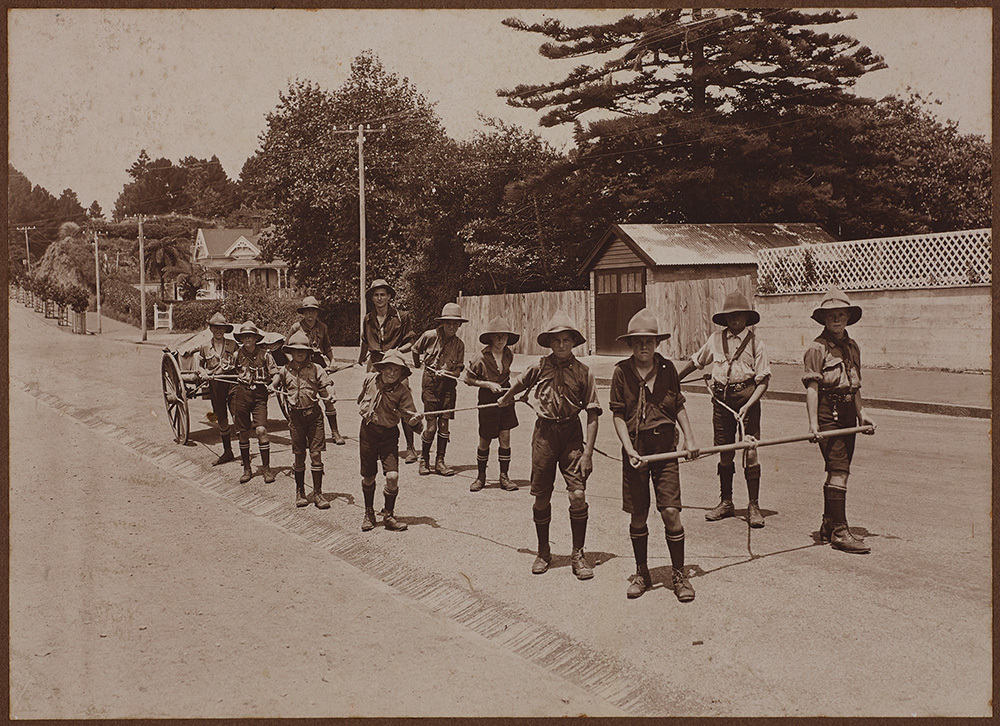 St Mary's New Plymouth Boy Scout Troop Round Mountain Trek. Scouts hitched to a trek cart