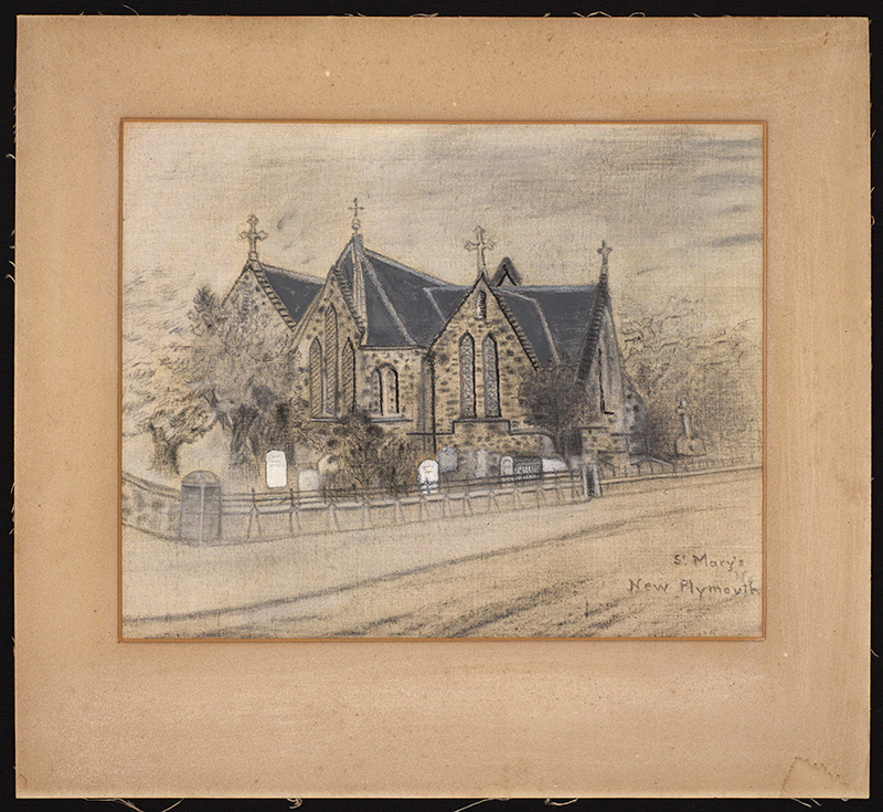 St Mary's Church New Plymouth, pastel and embroidery sketch