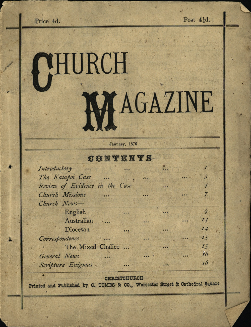 Church Magazine, Christchurch: 27th January 1876 Vol. 01 No. 01