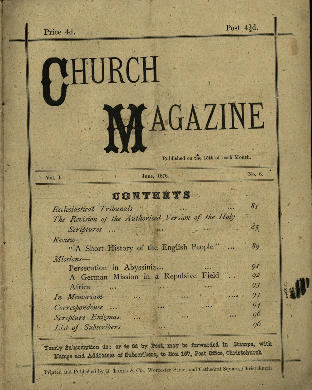 Church Magazine, Christchurch: 15th June 1876 Vol. 01 No. 06
