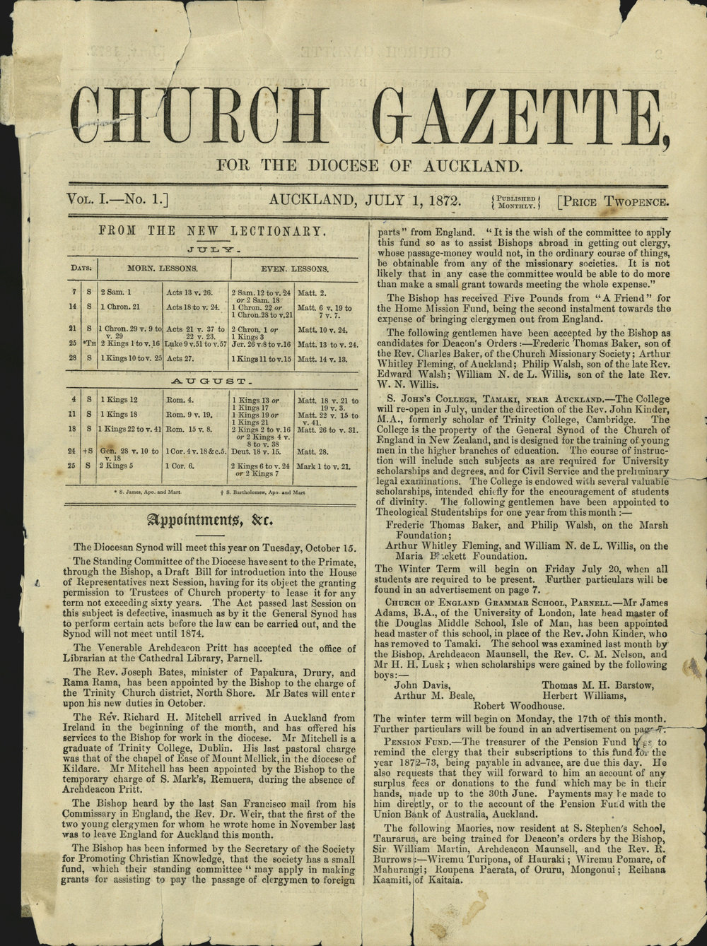 Church Gazette, Auckland: July 1872