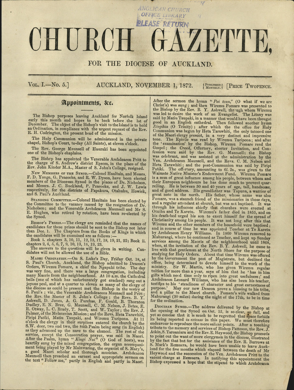 Church Gazette, Auckland: November 1872