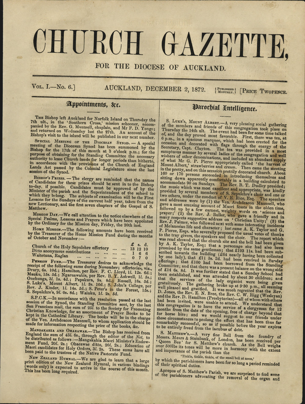 Church Gazette, Auckland: December 1872