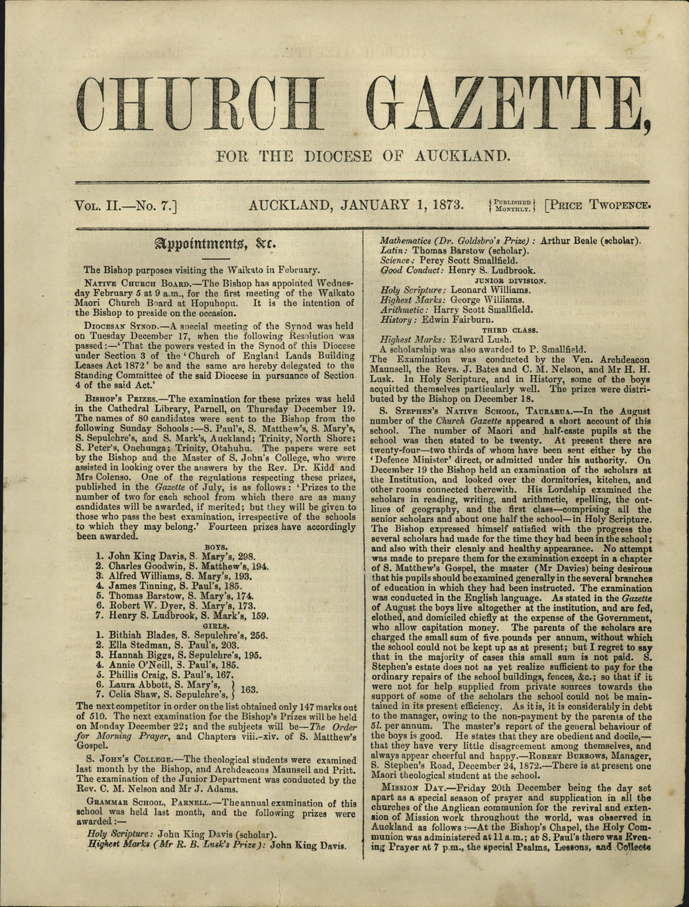 Church Gazette, Auckland: January 1873