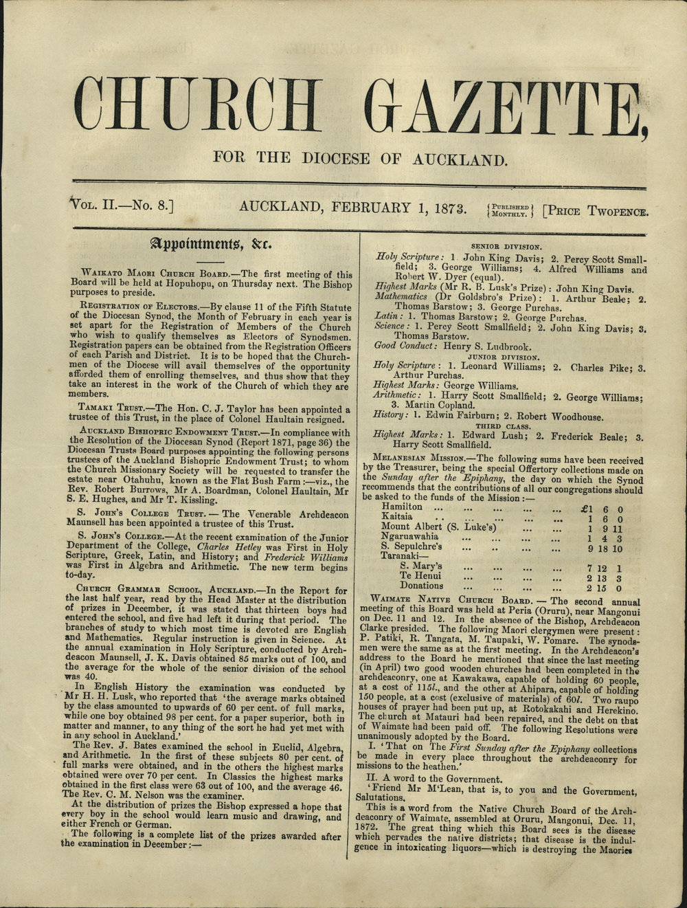 Church Gazette, Auckland: February 1873