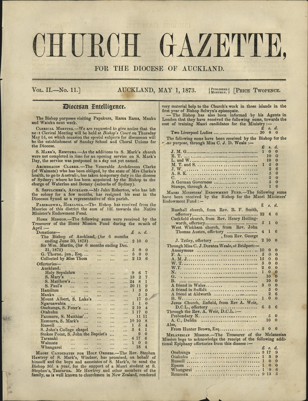 Church Gazette, Auckland: May 1873
