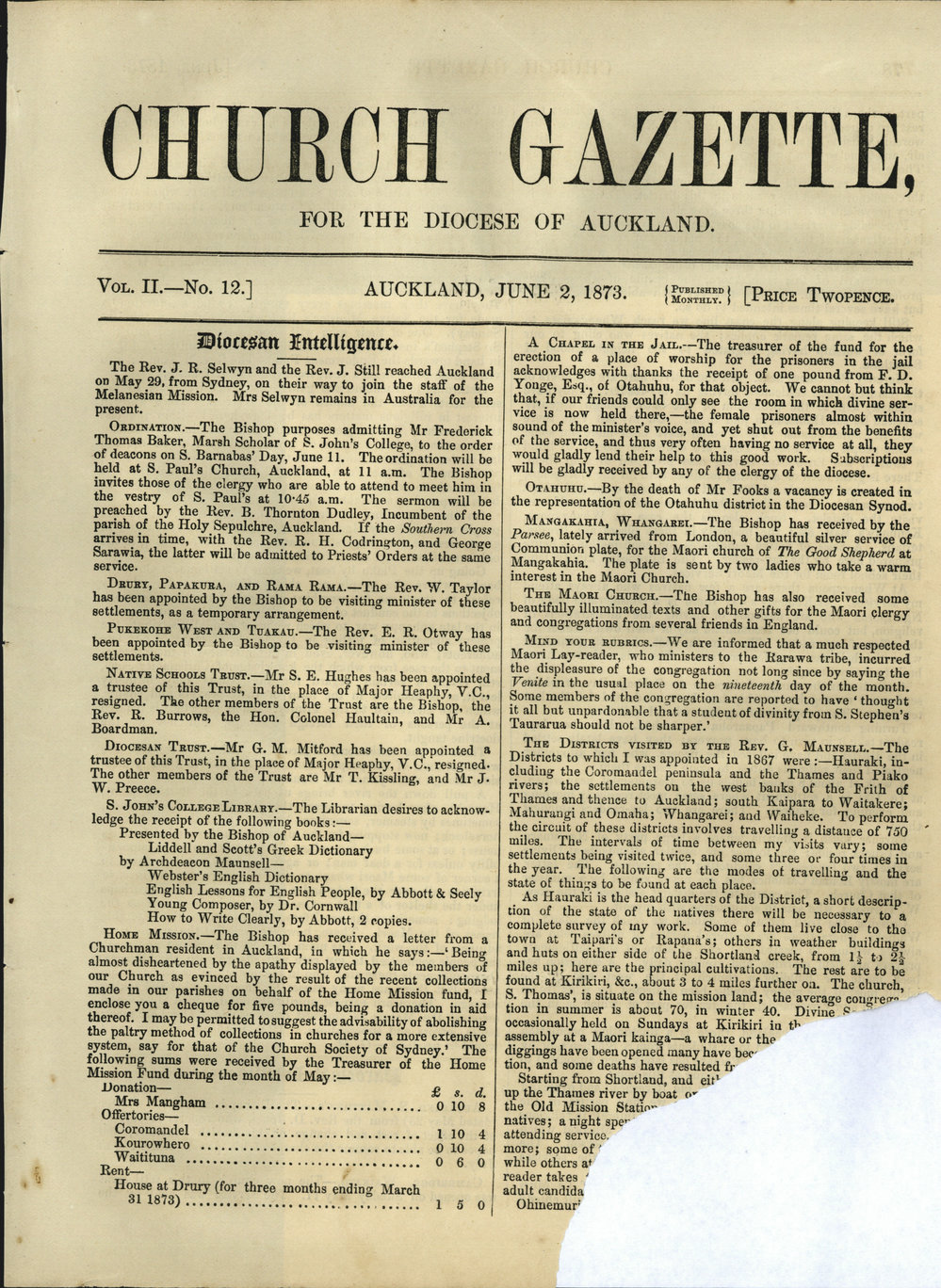 Church Gazette, Auckland: June 1873