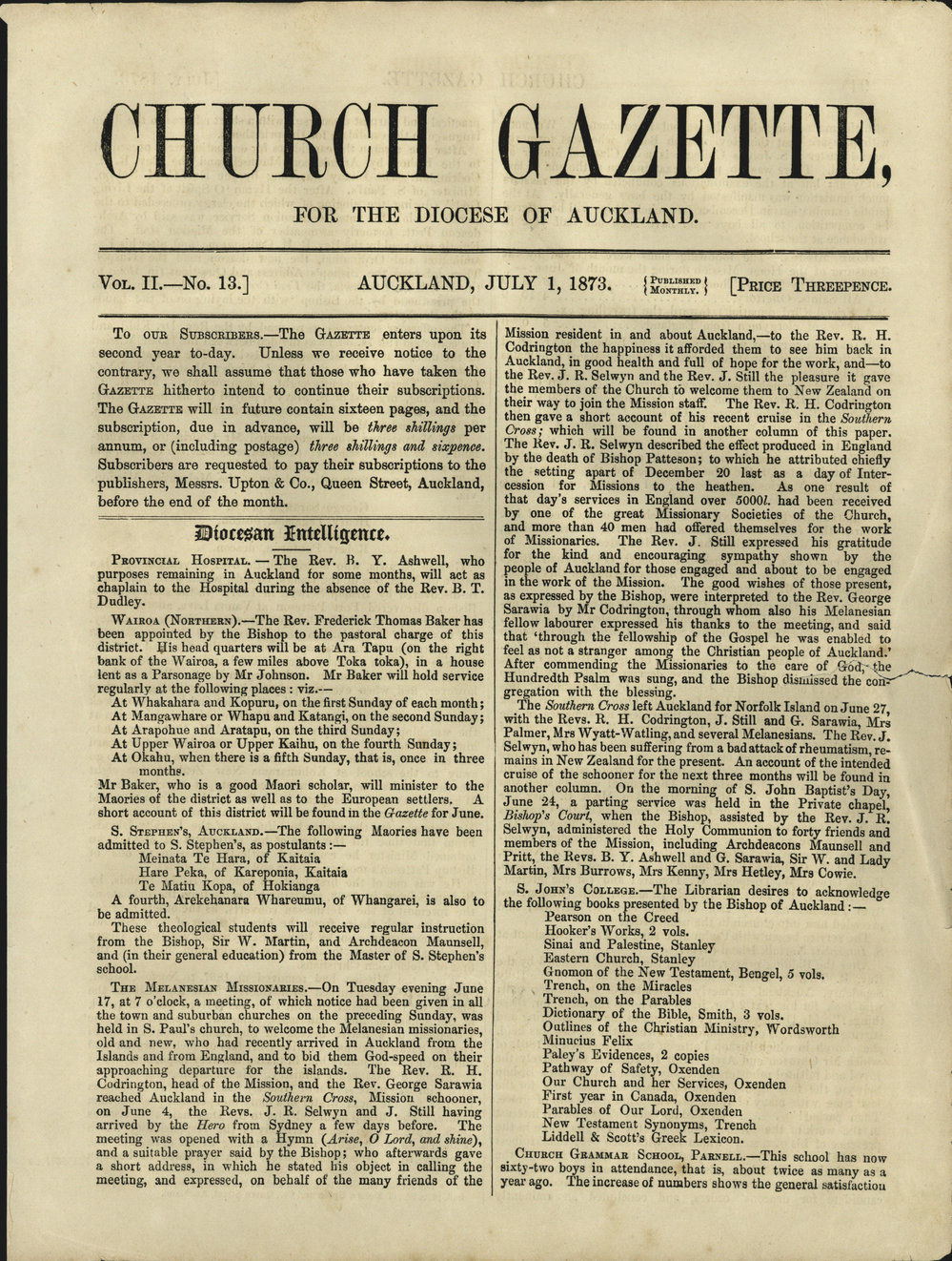Church Gazette, Auckland: July 1873