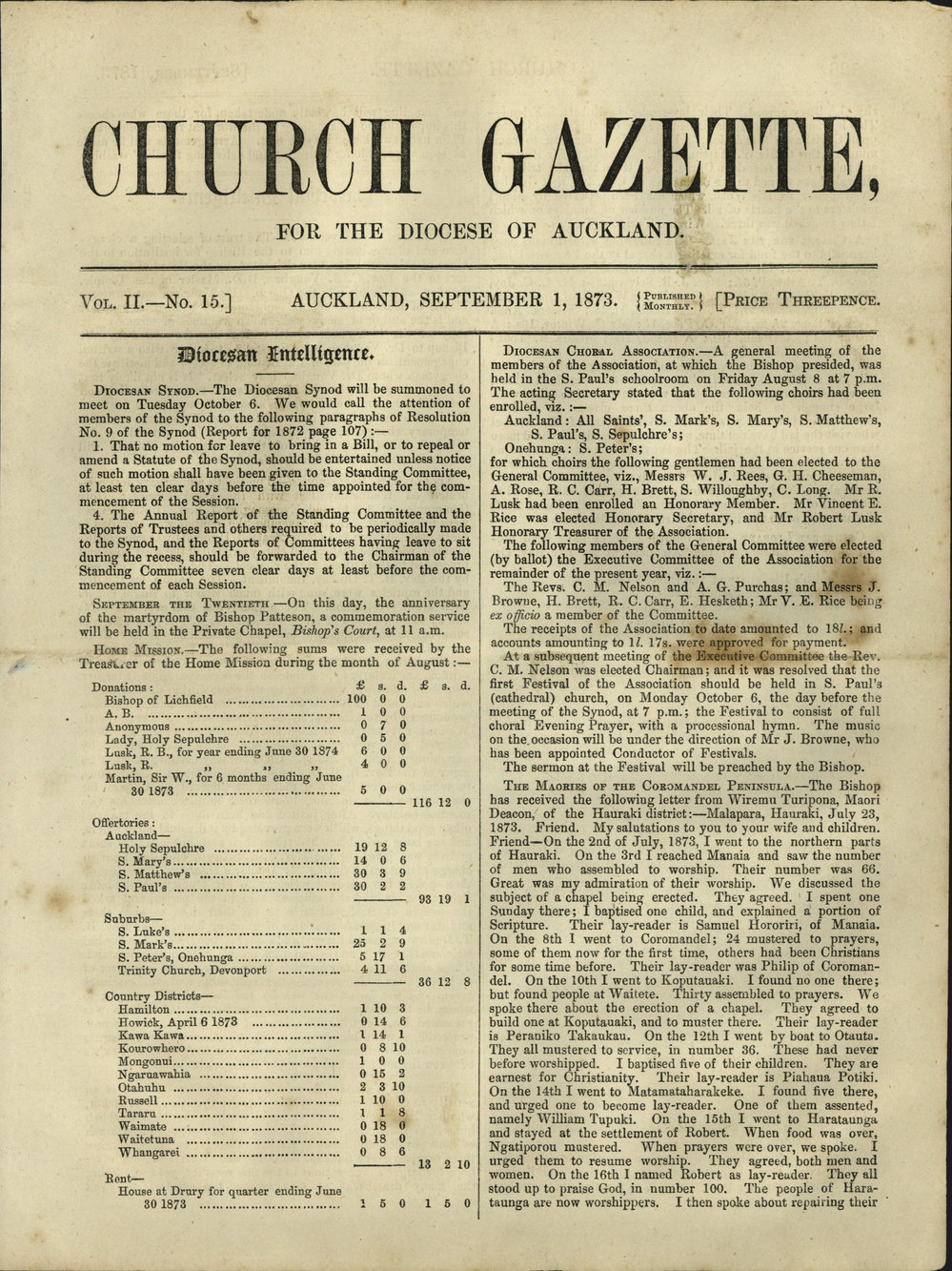 Church Gazette, Auckland: September 1873