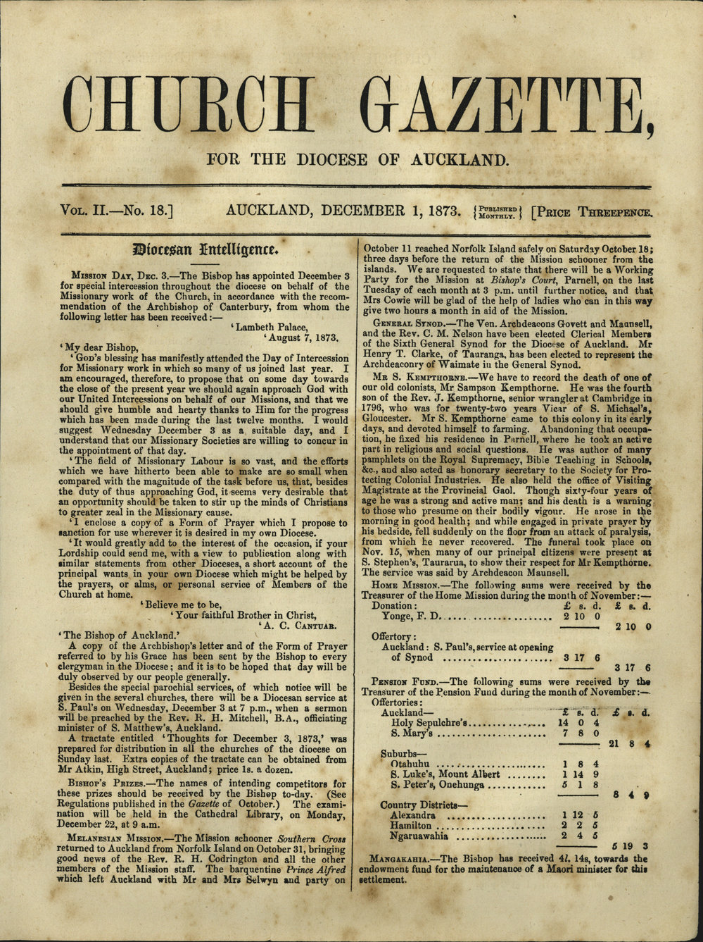 Church Gazette, Auckland: December 1873