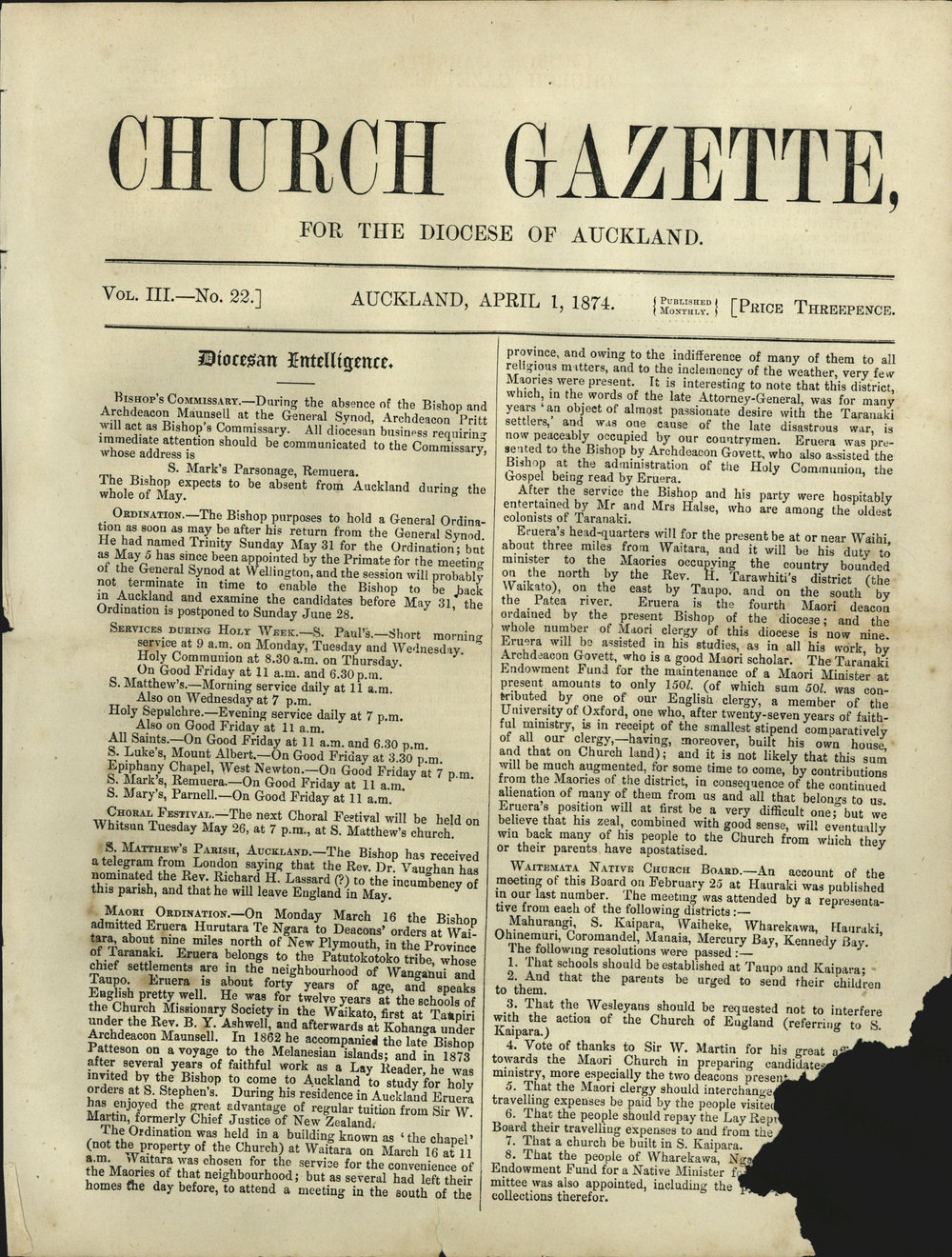Church Gazette, Auckland: April 1874