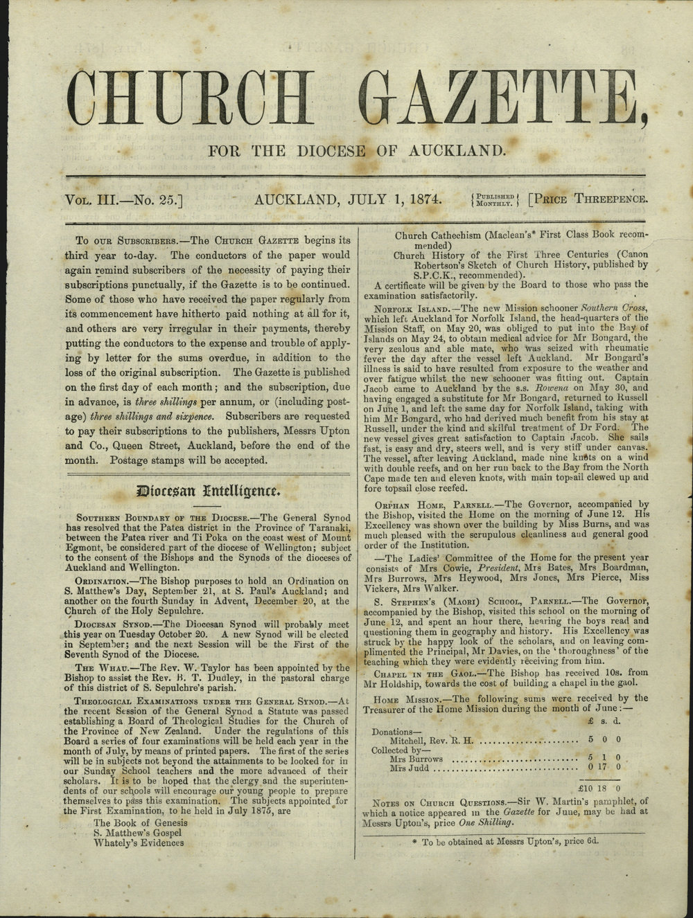 Church Gazette, Auckland: July 1874