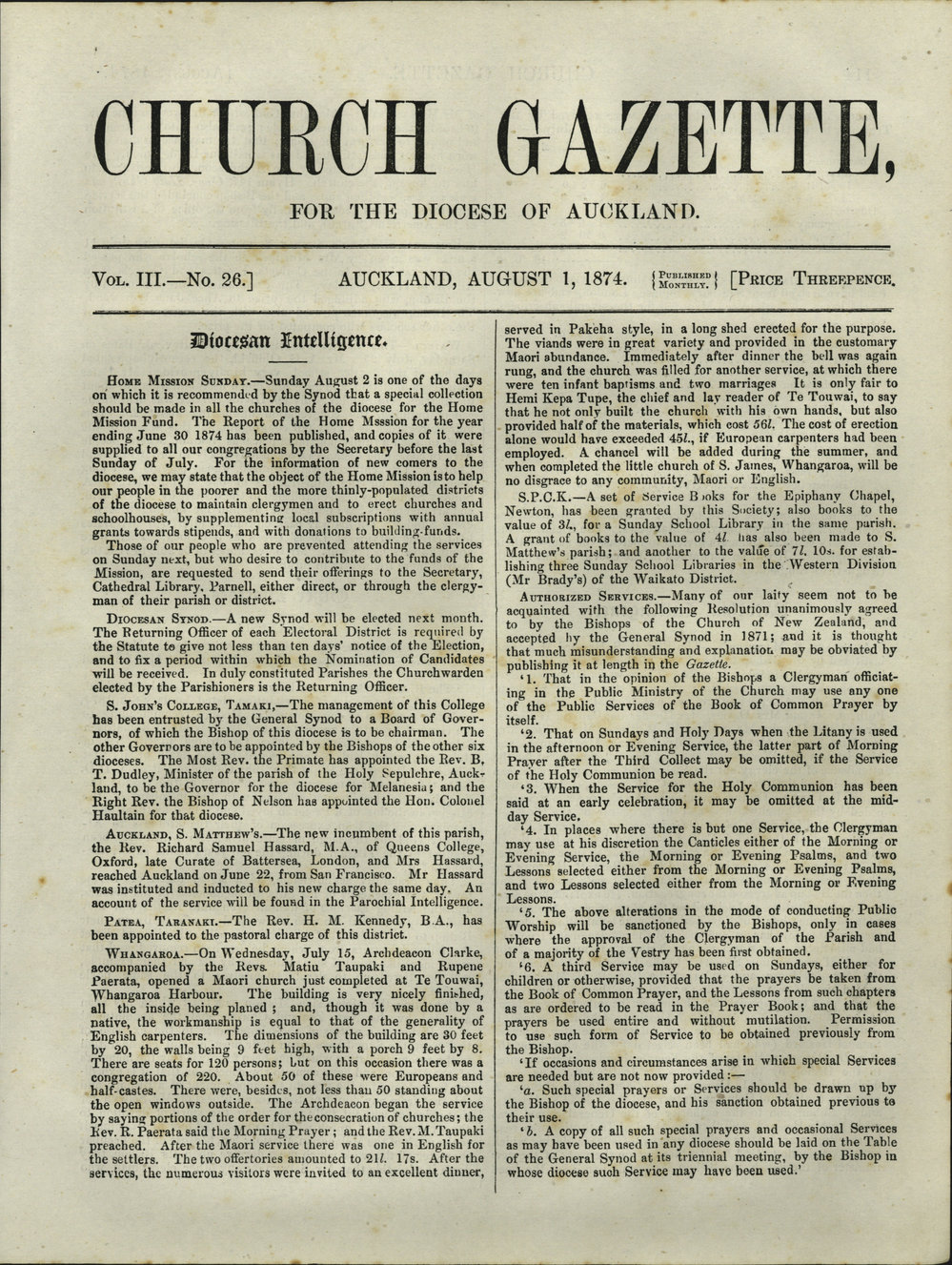 Church Gazette, Auckland: August 1874