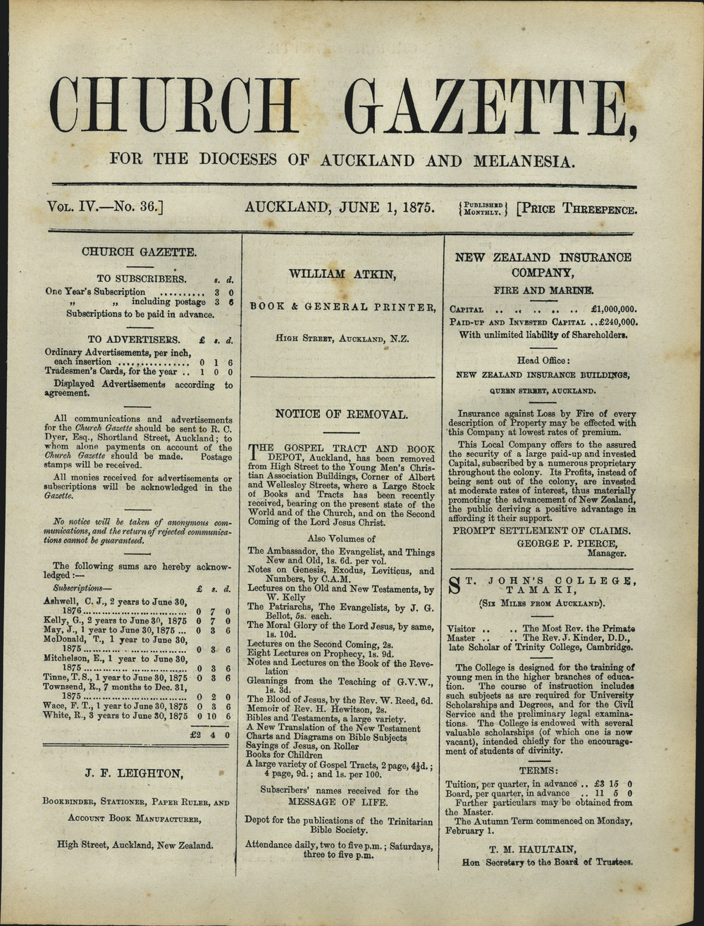 Church Gazette, Auckland: June 1875