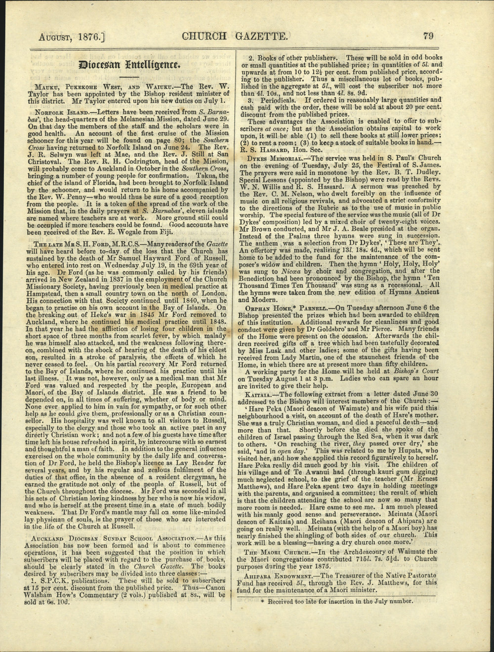 Church Gazette, Auckland: August 1876 Vol. 05 No. 50