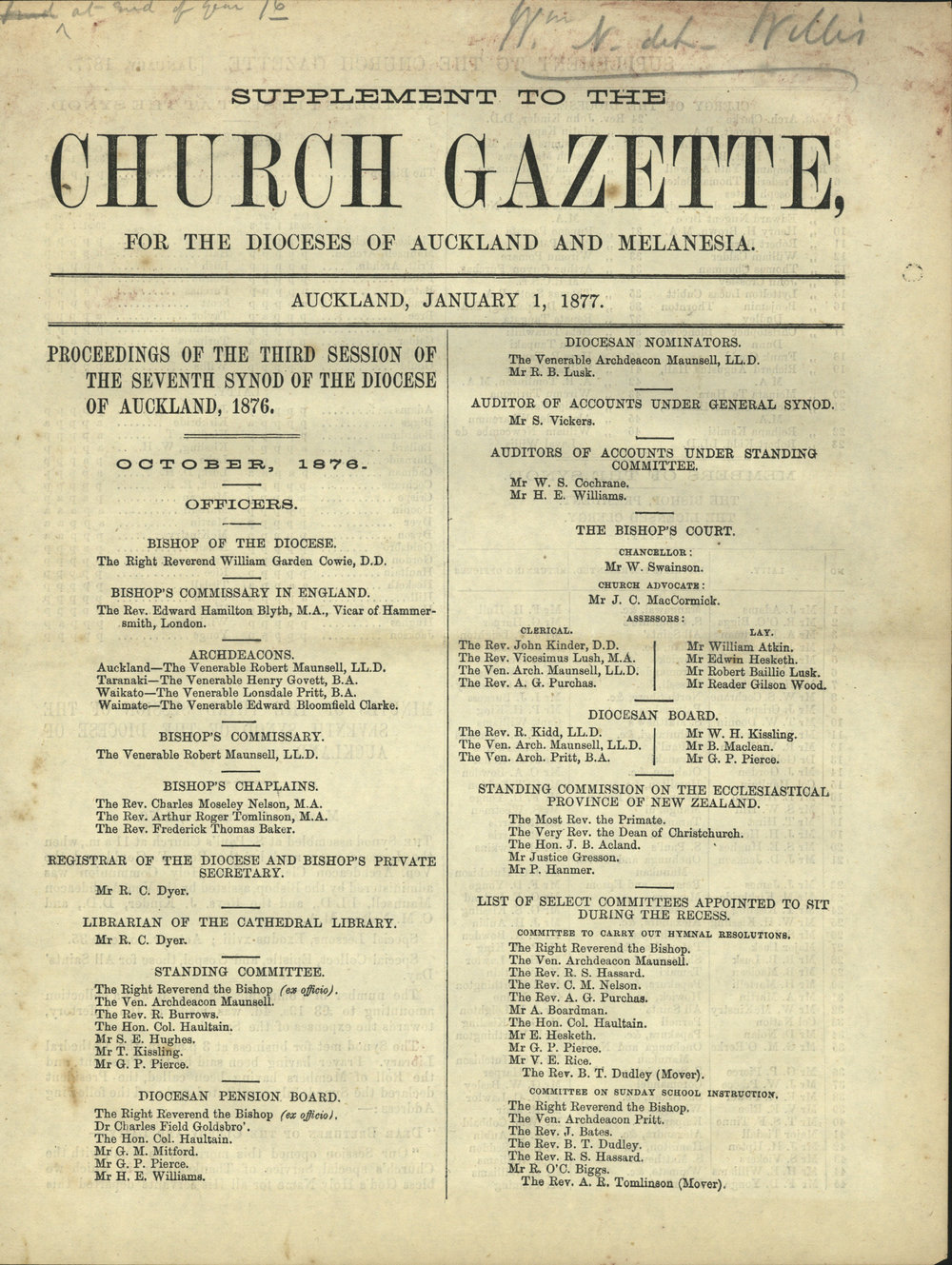 Church Gazette, Auckland: January 1877 Vol. 06 No. 55 Supplement