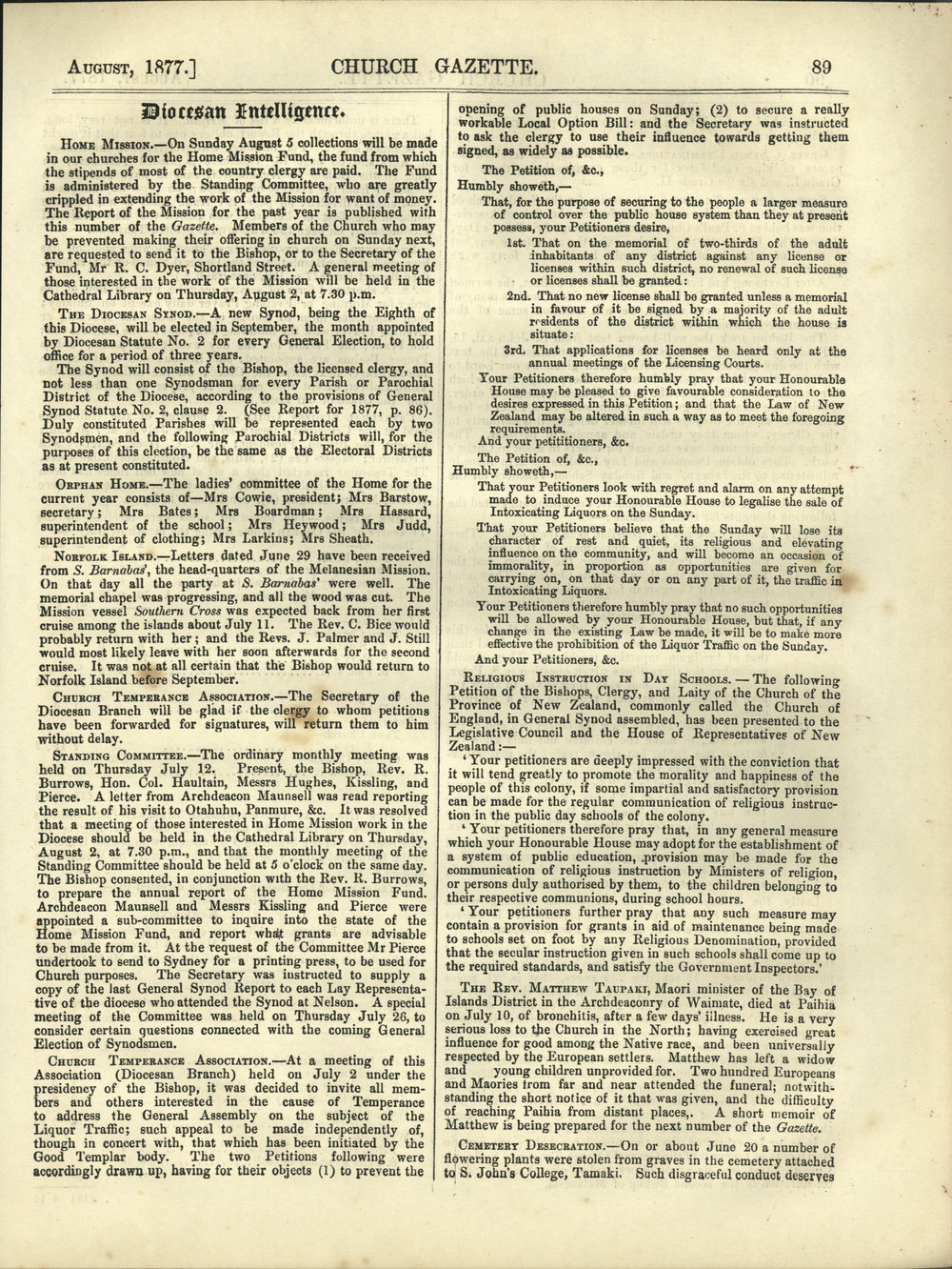 Church Gazette, Auckland: August 1877 Vol. 06 No. 62