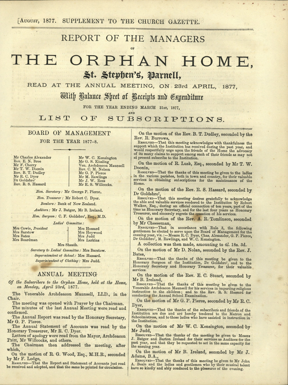 Church Gazette, Auckland: August 1877 Vol. 06 No. 62 Supplement