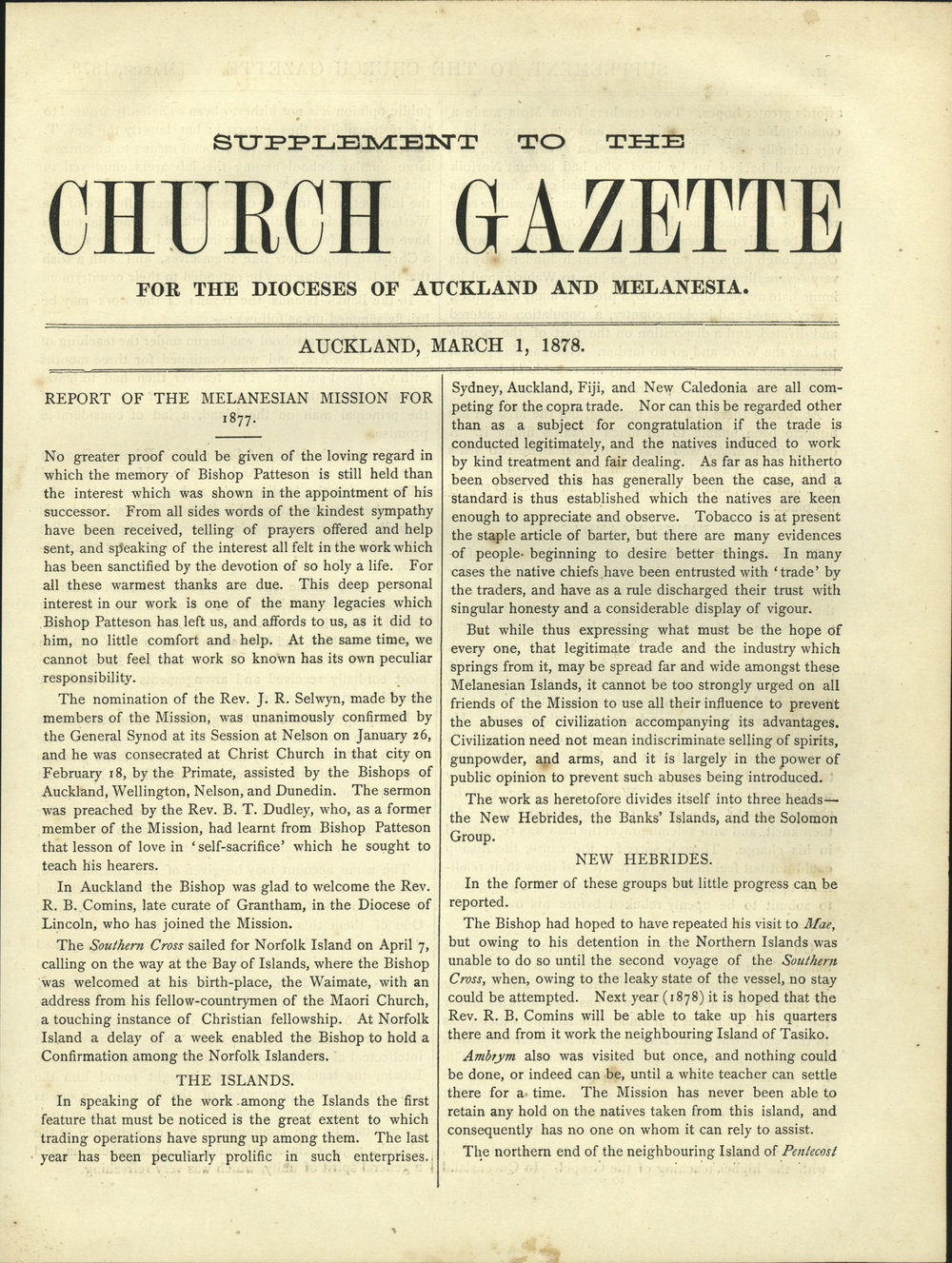 Church Gazette, Auckland: March 1878 Vol. 07 No. 69 Supplement